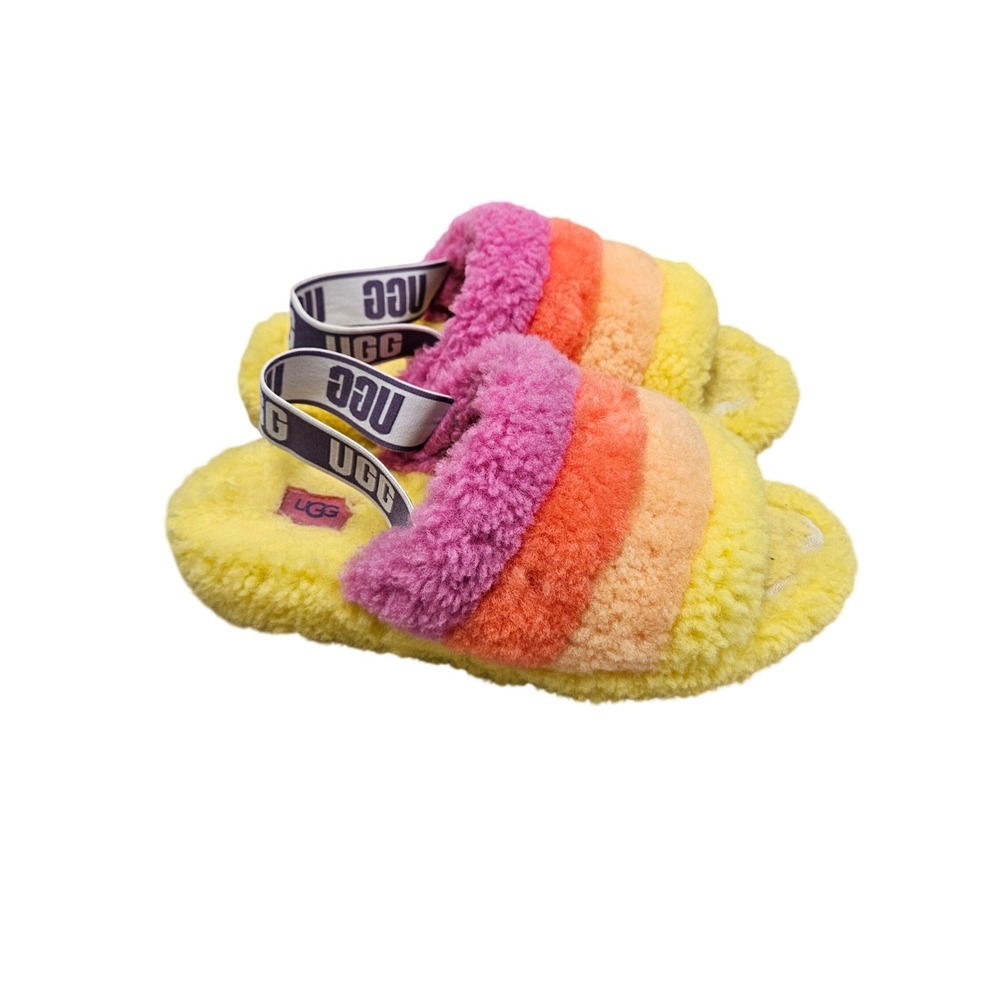 UGG Fluff Yeah Slide Womens 9 Multi Color Rainbow Striped Fuzzy Slingback Sandal